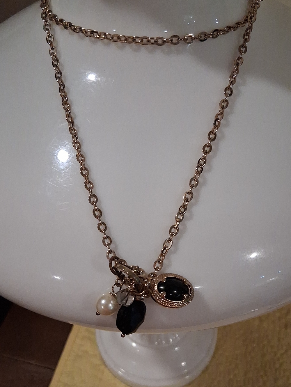 Gold-Tone Women's Charm Necklace with Black Stone and Faux Pearl